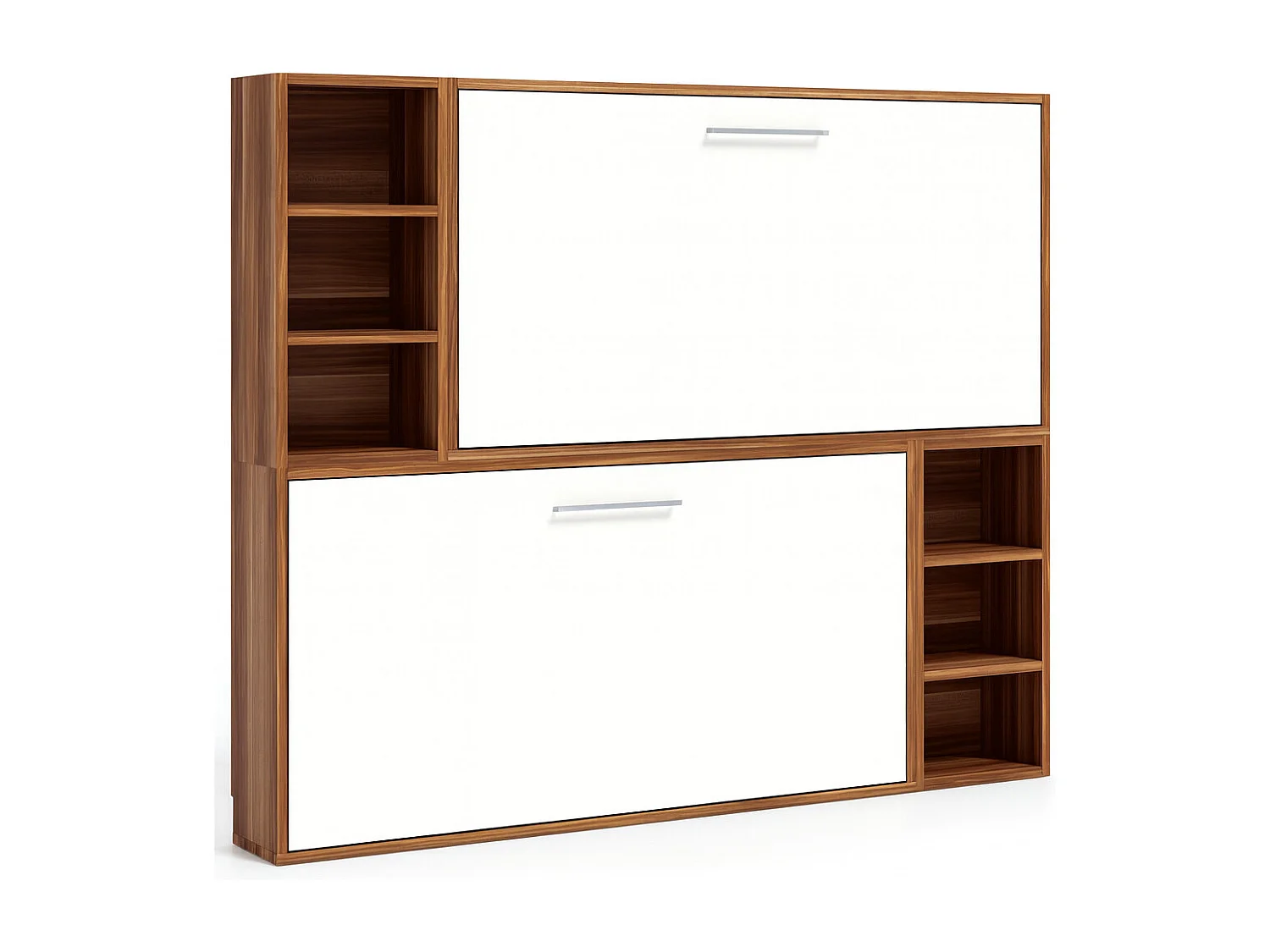 Lit escamotable superposé horizontal avec étagères BINKA-90x200-Cadre Noyer-Façade Blanche