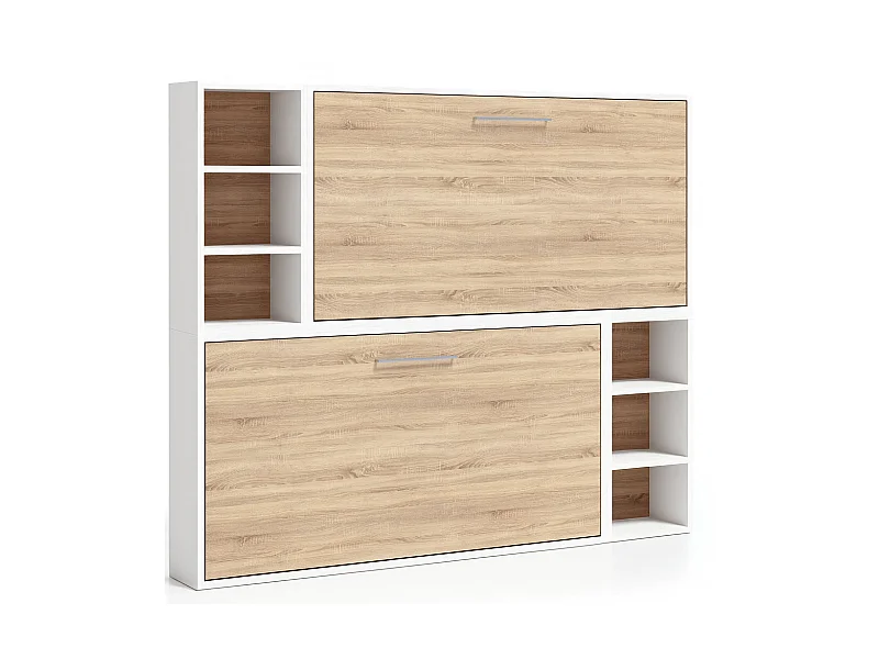 Lit escamotable superposé horizontal avec étagères BINKA-90x190-Cadre Blanc-Façade Chêne clair