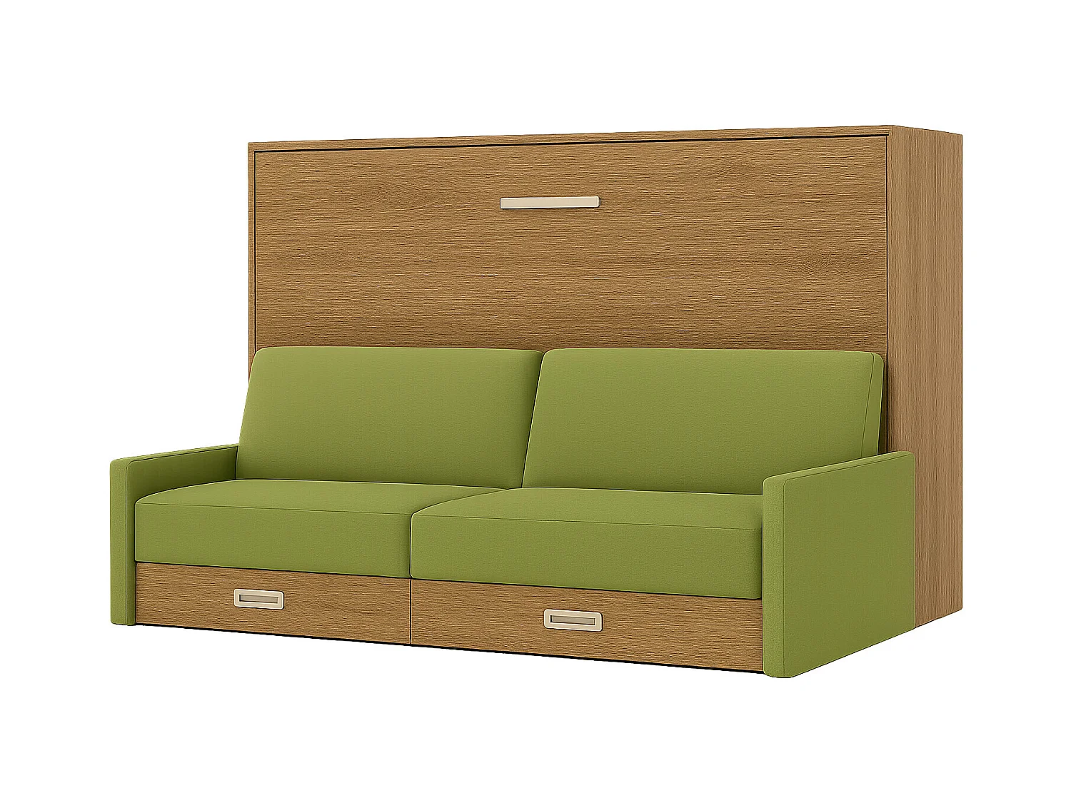 Cama abatible horizontal con sofá Veta-Ropa de cama 150x190 cm-Sofá Verde pistacho-Estructura y fachada Roble claro