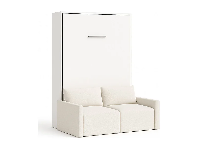 Lit escamotable vertical avec canapé tissu VALENCIA-140x190-Canapé Naturel-Structure Blanche