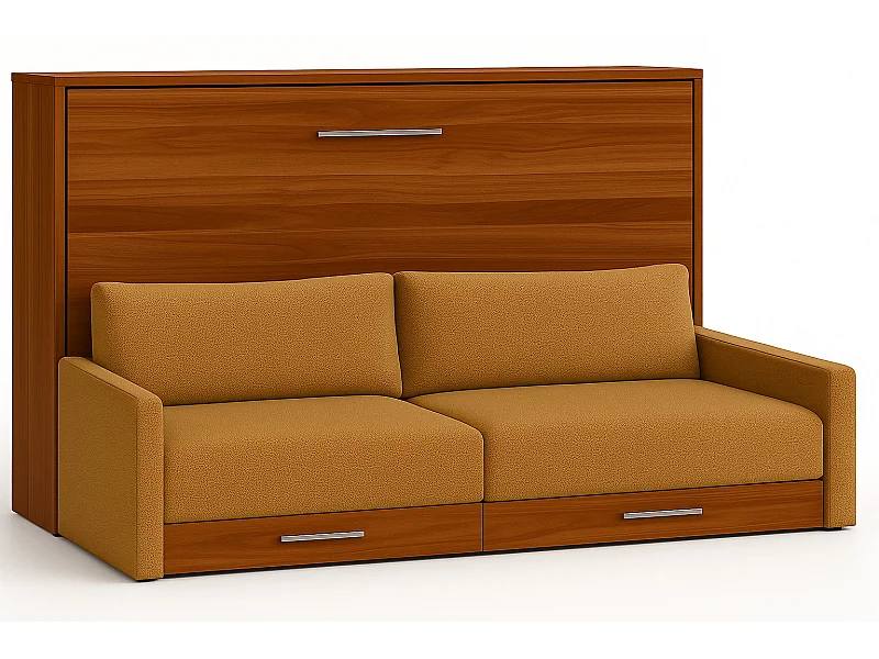 Lit escamotable horizontal avec canapé VETAL-160x200-Canapé Moutarde-Structure Noyer