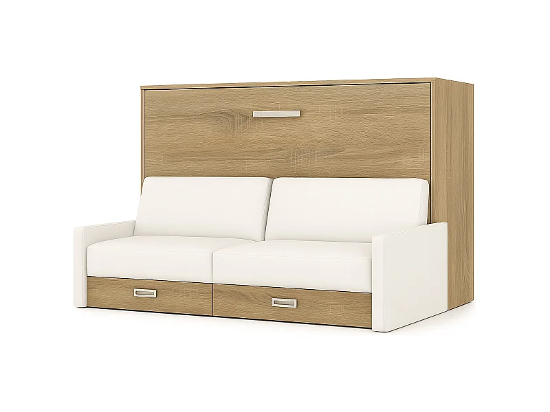 Horizontaal opklapbed met Vetal bank-Slapen 105x190 cm-Bank Wit-Structuur en gevel Licht eiken