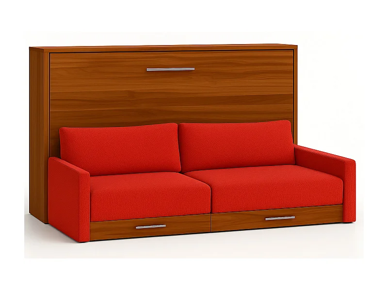 Cama abatible horizontal con sofá Veta-Ropa de cama 140x200 cm-Sofá Naranja-Estructura y fachada Nogal