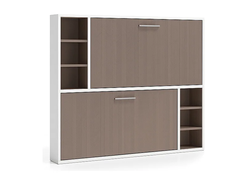 Lit escamotable superposé horizontal avec étagères BINKA-80x200-Cadre Blanc-Façade Chêne brun