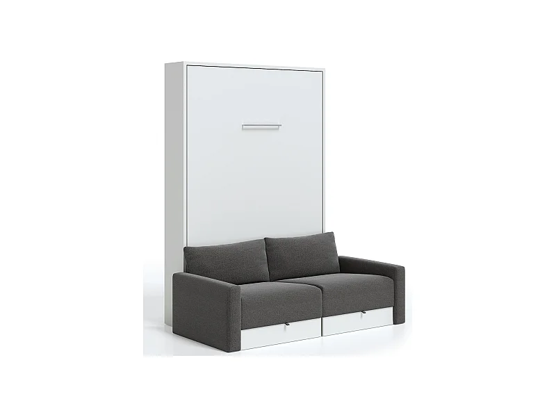 Lit escamotable vertical à tiroirs et canapé tissu VALENCIA-Avec matelas-80x180-Canapé Gris foncé-Structure Blanche