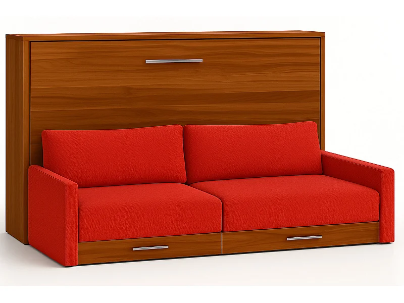 Lit escamotable horizontal avec canapé VETAL-105x190-Canapé Orange-Structure Noyer