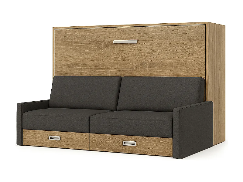 Horizontaal opklapbed met Vetal bank-Slapen 160x200cm-Bank Donkergrijs-Structuur en gevel Licht eiken