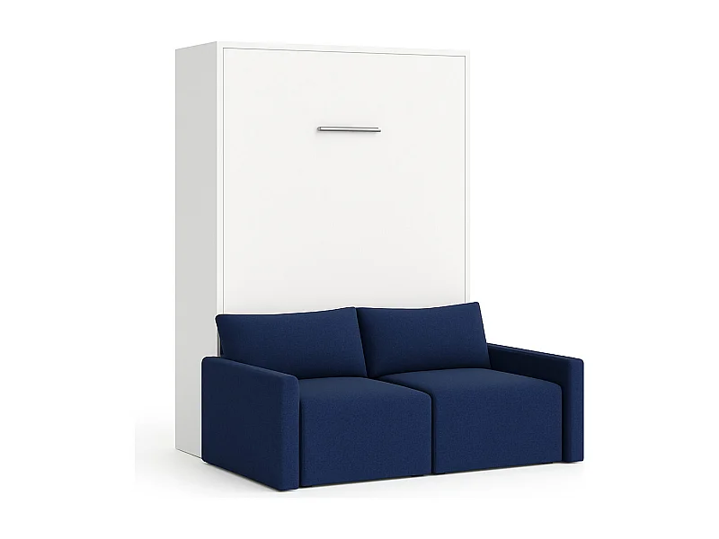 Lit escamotable vertical avec canapé tissu VALENCIA-Avec matelas-90x190-Canapé Bleu marine-Structure Blanche