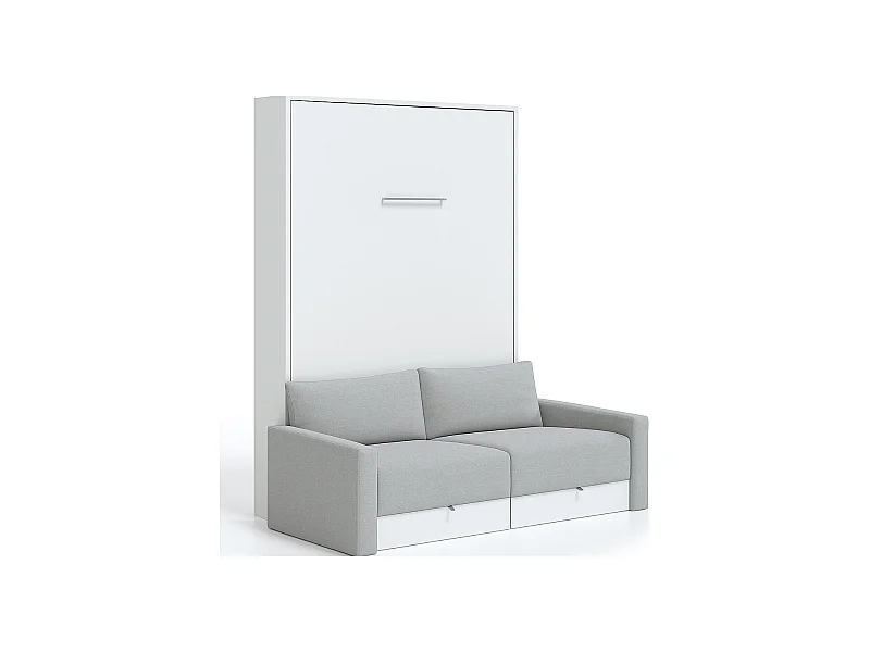 Lit escamotable vertical à tiroirs et canapé tissu VALENCIA-Avec matelas-80x180-Canapé Gris clair-Structure Blanche