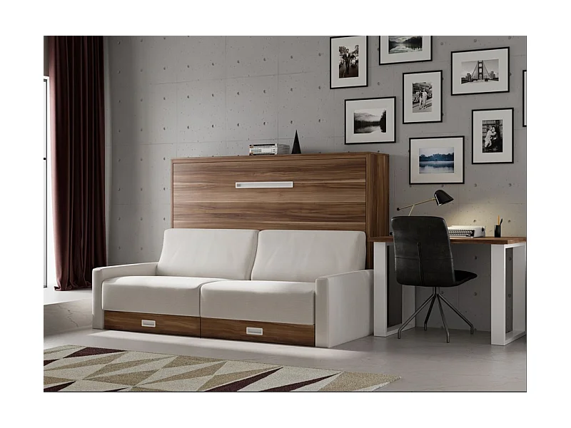 Lit escamotable horizontal avec canapé VETAL-120x200-Canapé Beige-Structure Noyer