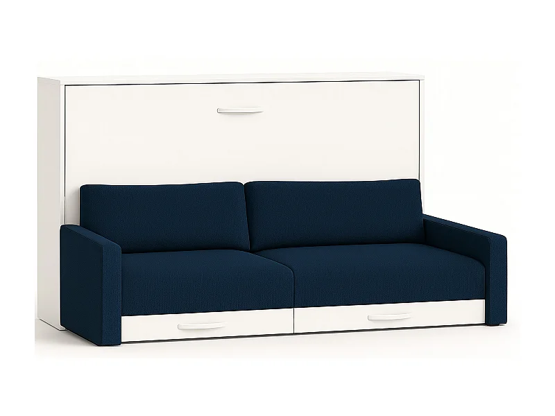 Lit escamotable horizontal avec canapé VETAL-140x190-Canapé Bleu foncé-Structure Blanche