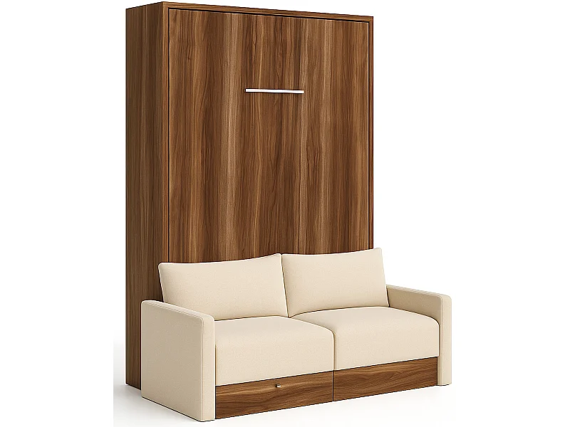 Cama vertical Valencia con sofá y cajones Gama alta-Con colchón-Ropa de cama 140x190 cm-Sofá Beige-Estructura y fachada Nogal