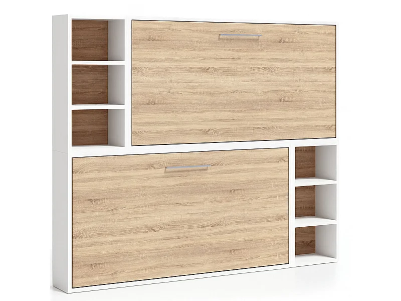 Lit escamotable superposé horizontal avec étagères BINKA-2 matelas-90x190-Cadre Blanc-Façade Chêne clair