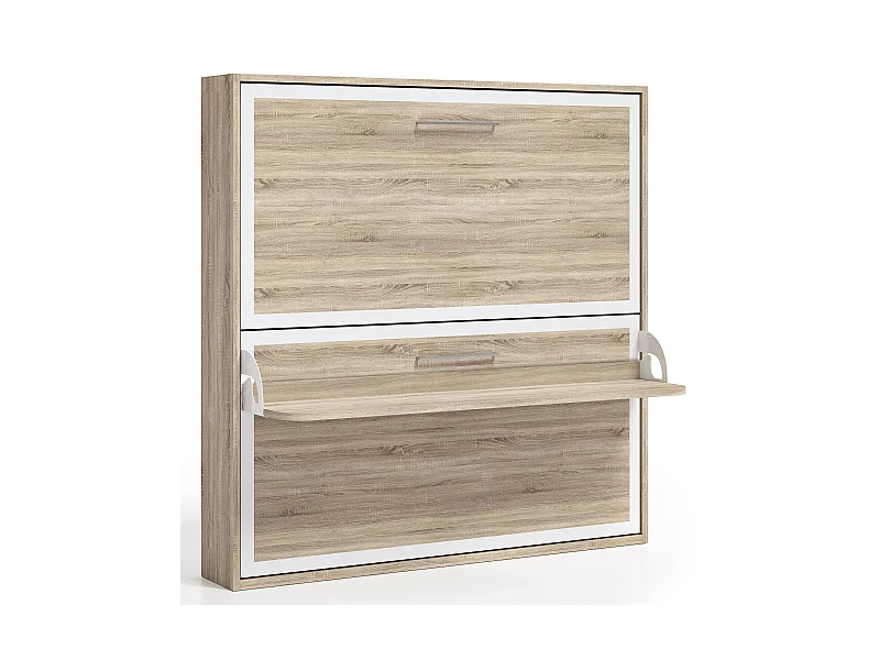 Lit escamotable horizontal superposé 90x200 STUDIO-2 matelas-Encadrement Chêne clair-Façade Chêne clair