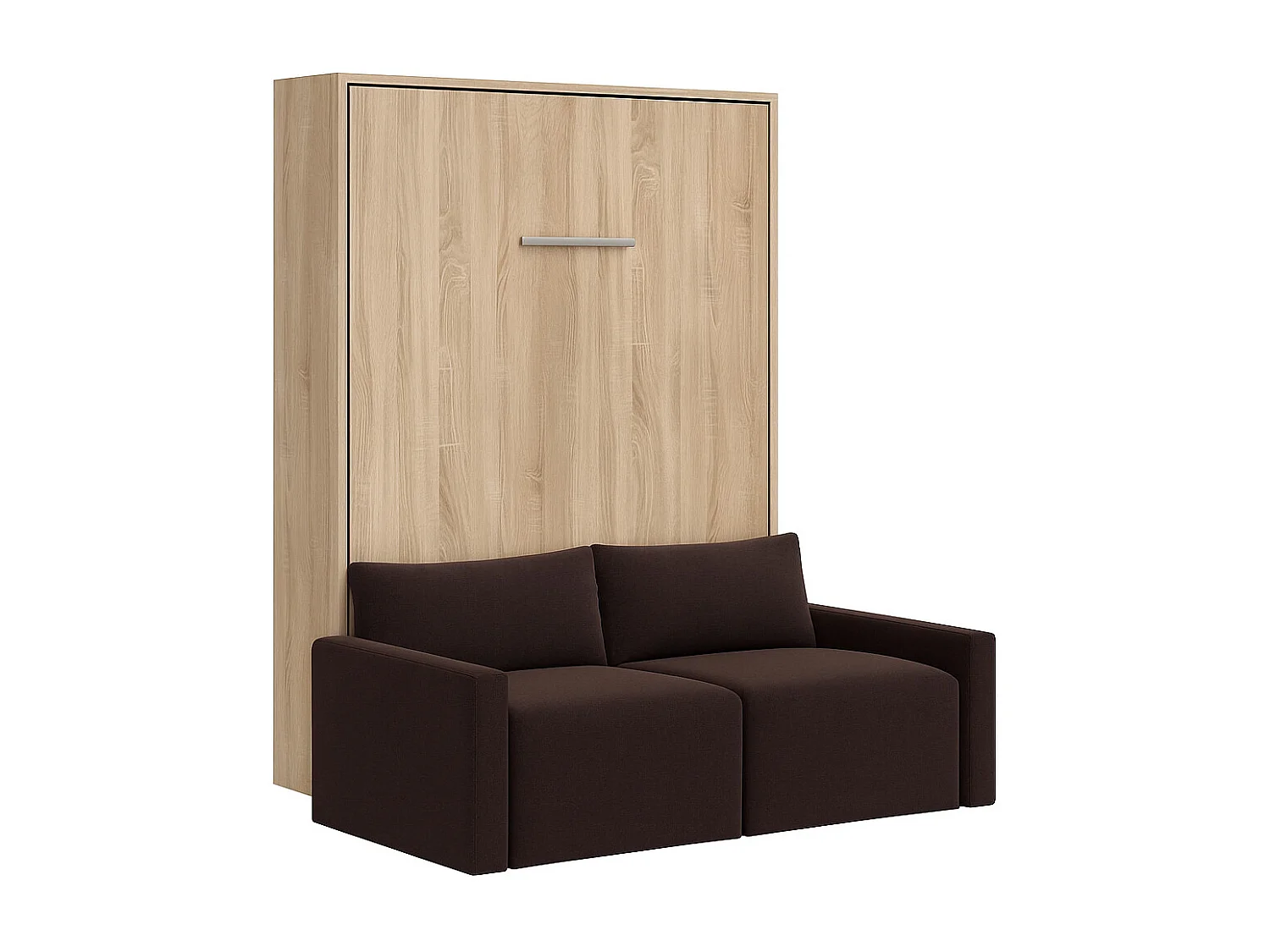Lit escamotable vertical avec canapé tissu VALENCIA-90x190-Canapé Marron-Structure Chêne clair
