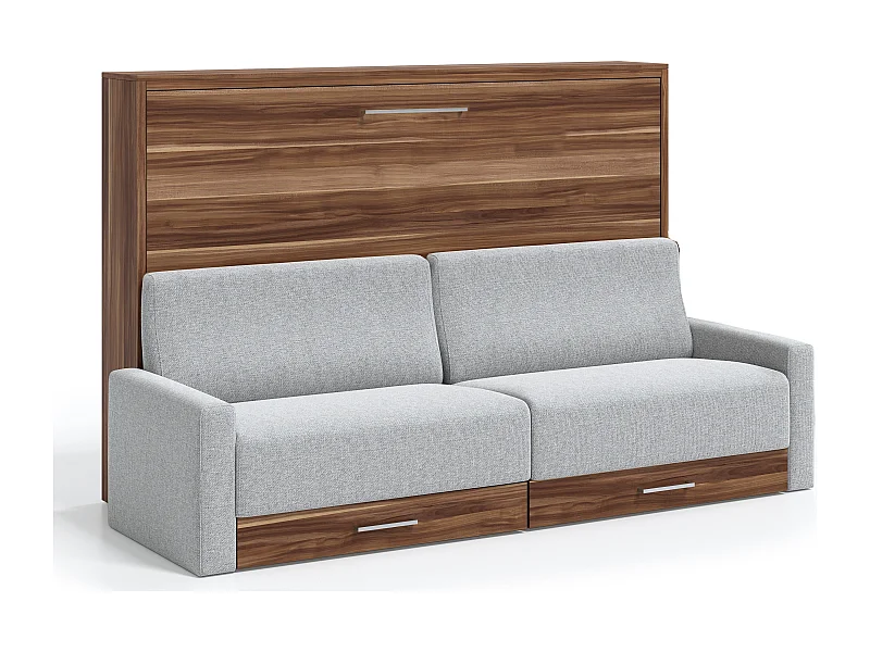 Lit escamotable horizontal avec canapé VETAL-150x190-Canapé Gris clair-Structure Noyer