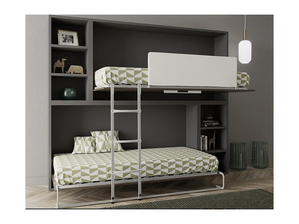 Lit escamotable superposé horizontal avec étagères BINKA-90x180-Cadre Chêne clair-Façade Gris ciment