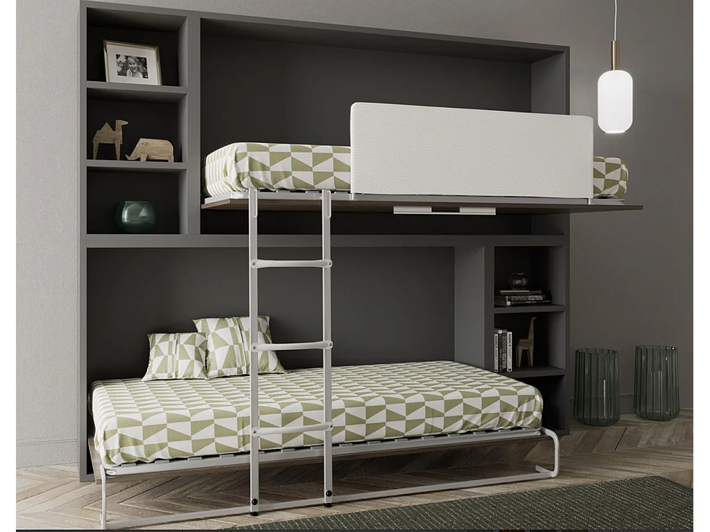 Lit escamotable superposé horizontal avec étagères BINKA-90x180-Cadre Chêne clair-Façade Gris ciment