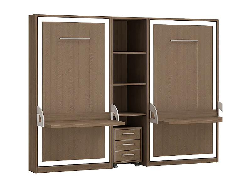 2 lits escamotables 140x190 avec bureau et étagère centrale Studante-Façade Chêne brun