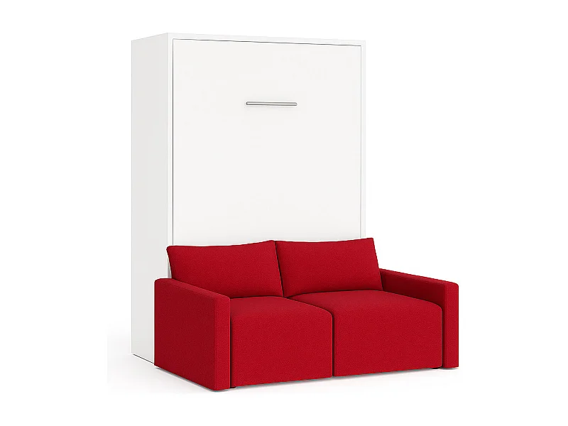 Lit escamotable vertical avec canapé tissu VALENCIA-Avec matelas-90x190-Canapé Rouge-Structure Blanche