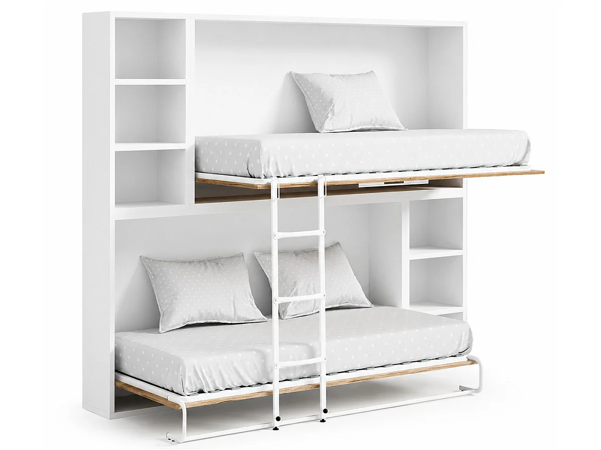Lit escamotable superposé horizontal avec étagères BINKA-90x180-Cadre Taupe-Façade Taupe