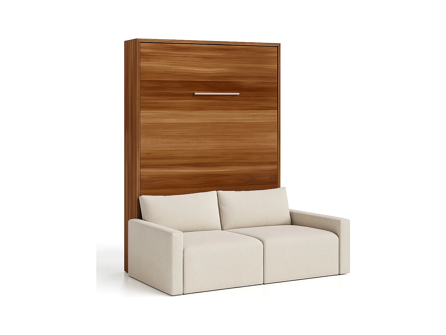 Lit escamotable vertical avec canapé tissu VALENCIA-Avec matelas-90x190-Canapé Beige-Structure Noyer