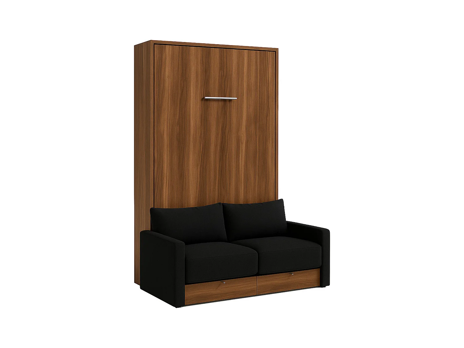 Cama vertical Valencia con sofá y cajones Gama alta-Con colchón-Ropa de cama 90x190 cm-Sofá Negro-Estructura y fachada Nogal