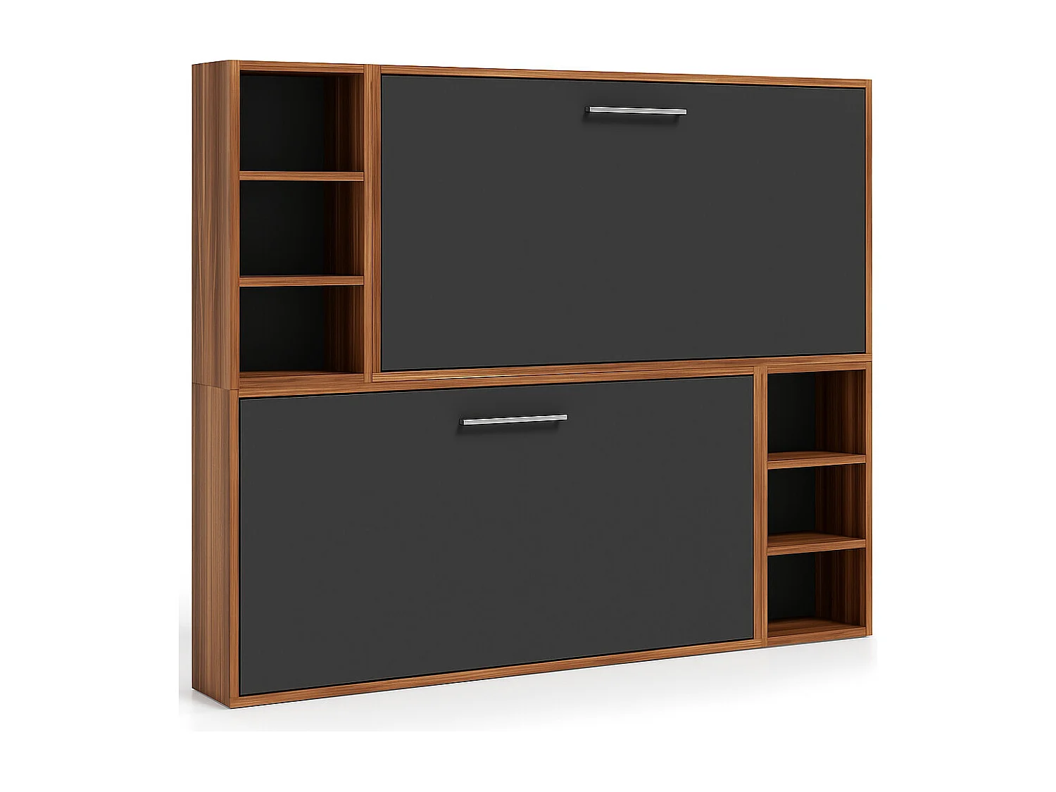 Lit escamotable superposé horizontal avec étagères BINKA-90x190-Cadre Noyer-Façade Anthracite