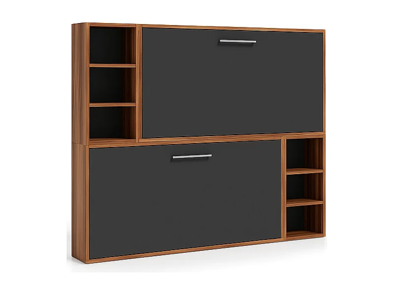 Lit escamotable superposé horizontal avec étagères BINKA-90x190-Cadre Noyer-Façade Anthracite