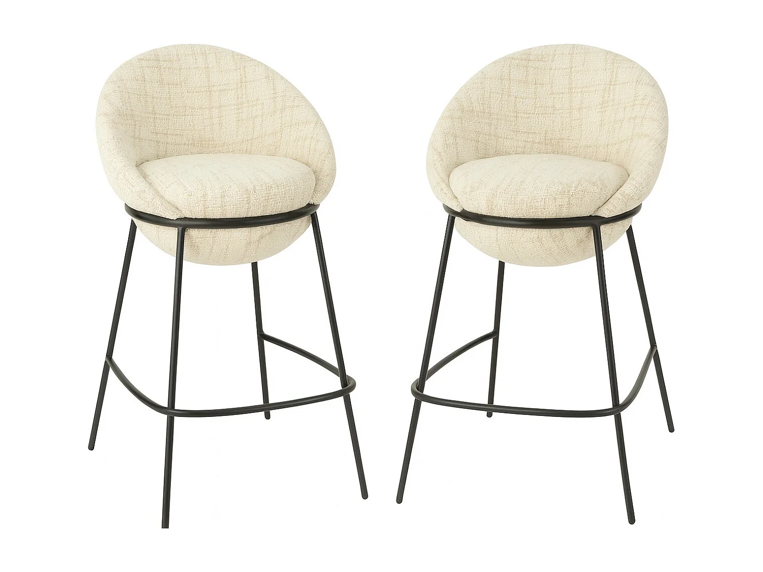 Juego de 2 taburetes de bar BOBBY de tela con estructura de metal negro – Altura del asiento 76 cm-Color ribete verde crudo