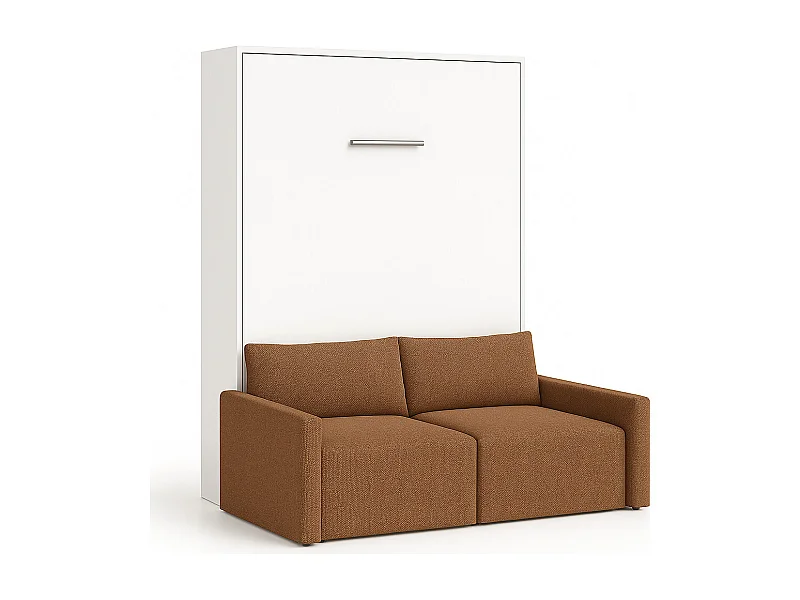 Lit escamotable vertical avec canapé tissu VALENCIA-160x200-Canapé Camel-Structure Blanche