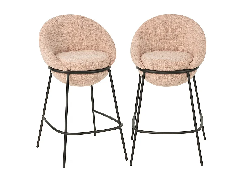 Lot de 2 tabourets de bar en tissu et structure métal noir BOBBY – Hauteur d"assise 76cm-Rose