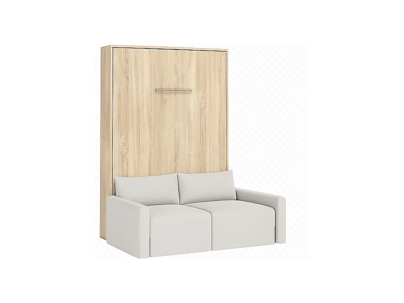 Lit escamotable vertical avec canapé tissu VALENCIA-Avec matelas-90x190-Canapé Beige-Structure Chêne clair