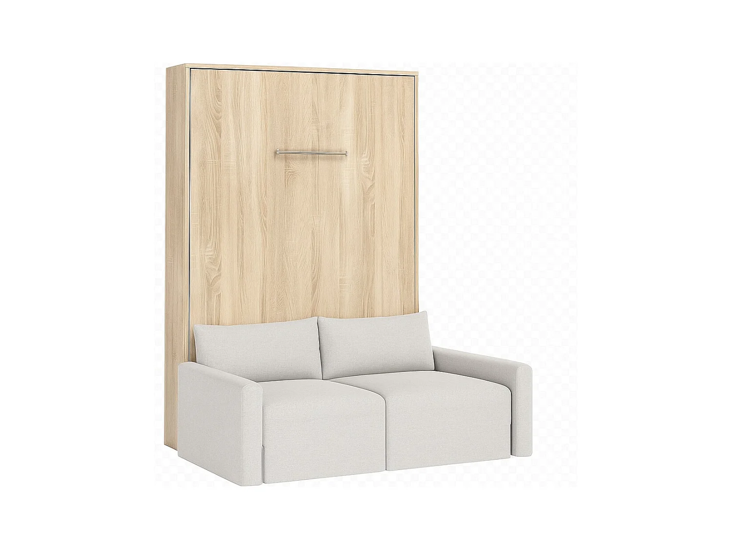 Lit escamotable vertical avec canapé tissu VALENCIA-Avec matelas-90x190-Canapé Beige-Structure Chêne clair