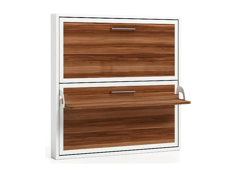 Lit escamotable horizontal superposé 90x200 STUDIO-2 matelas-Encadrement Blanc-Façade Noyer