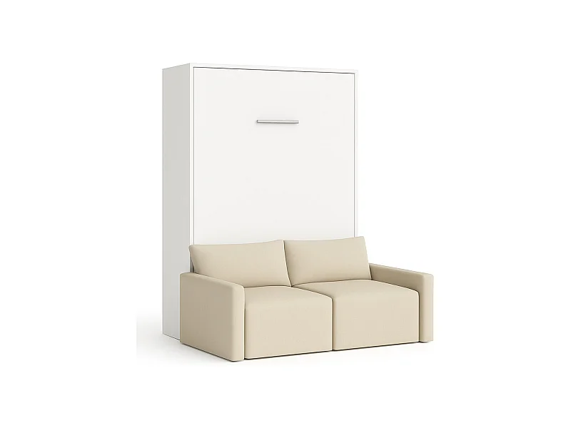 Lit escamotable vertical avec canapé tissu VALENCIA-140x190-Canapé Beige-Structure Blanche