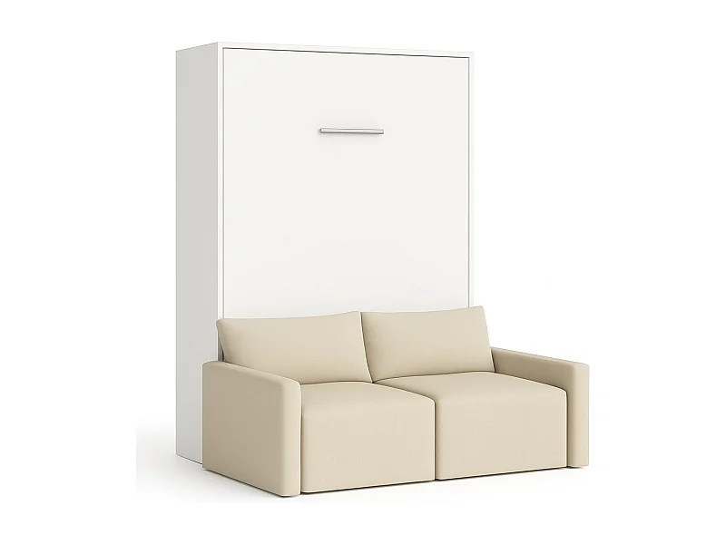 Lit escamotable vertical avec canapé tissu VALENCIA-140x190-Canapé Beige-Structure Blanche