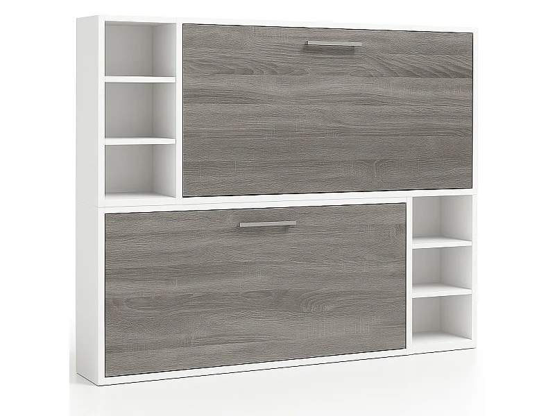 Lit escamotable superposé horizontal avec étagères BINKA-80x180-Cadre Blanc-Façade Vintage