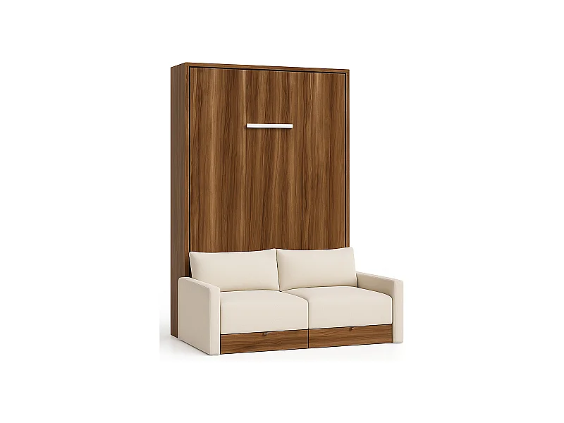 Lit escamotable vertical à tiroirs et canapé tissu VALENCIA-Avec matelas-140x190-Canapé Naturel-Structure Noyer