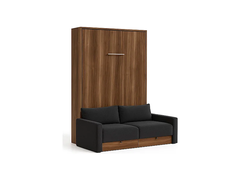 Lit escamotable vertical à tiroirs et canapé tissu VALENCIA-Avec matelas-90x190-Canapé Gris foncé-Structure Noyer
