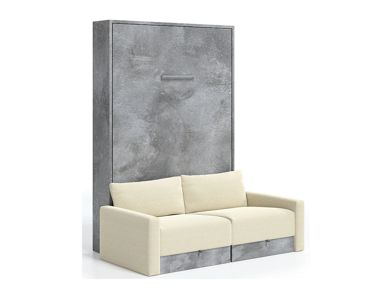 Lit escamotable vertical à tiroirs et canapé tissu VALENCIA-Avec matelas-80x180-Canapé Naturel-Structure Gris ciment