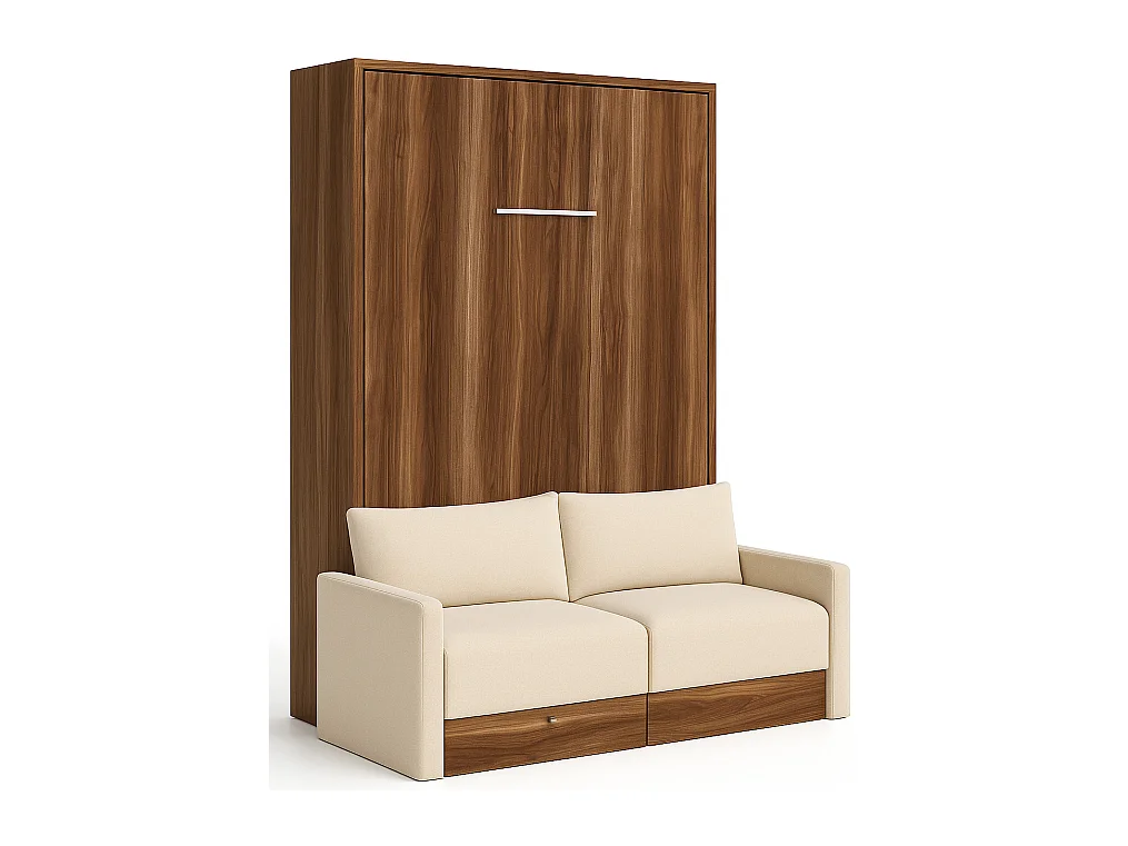 Valencia verticaal opklapbed met bank en lades High end-Matras van schuimrubber van 18 cm-Slapen 80x180cm-Bank Beige-Structuur en gevel Okkernoot