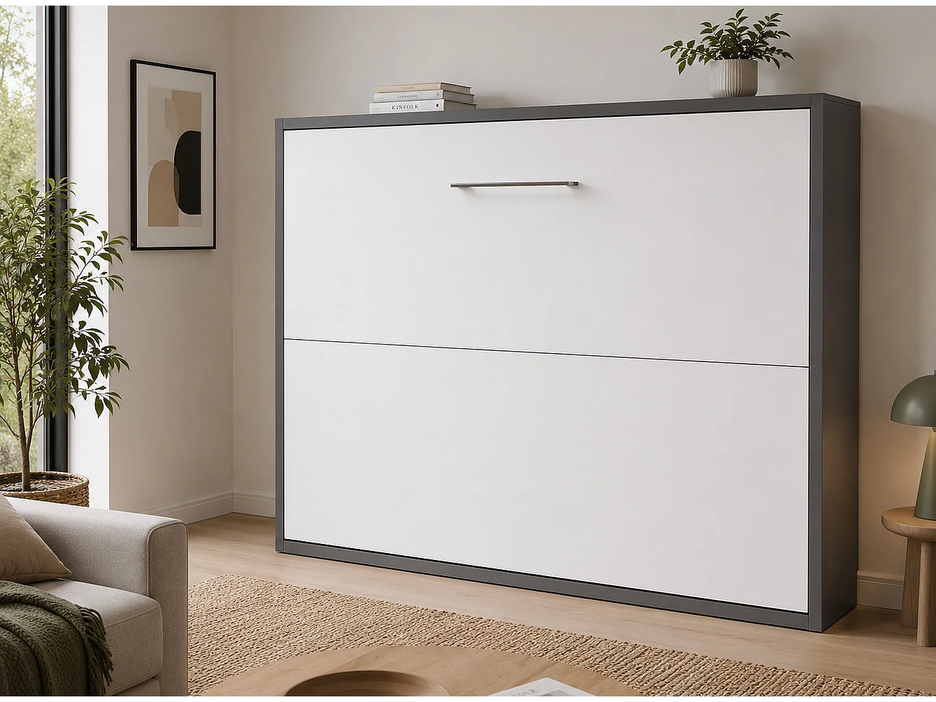 Cama abatible horizontal Klika 120x190-Con colchón-Encofrado Blanco-Frente Blanche