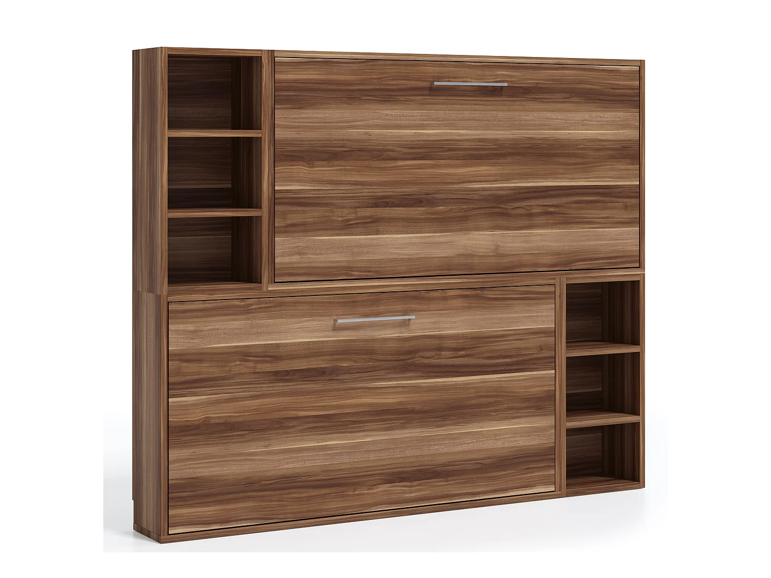 Lit escamotable superposé horizontal avec étagères BINKA-2 matelas-80x200-Cadre Noyer-Façade Noyer