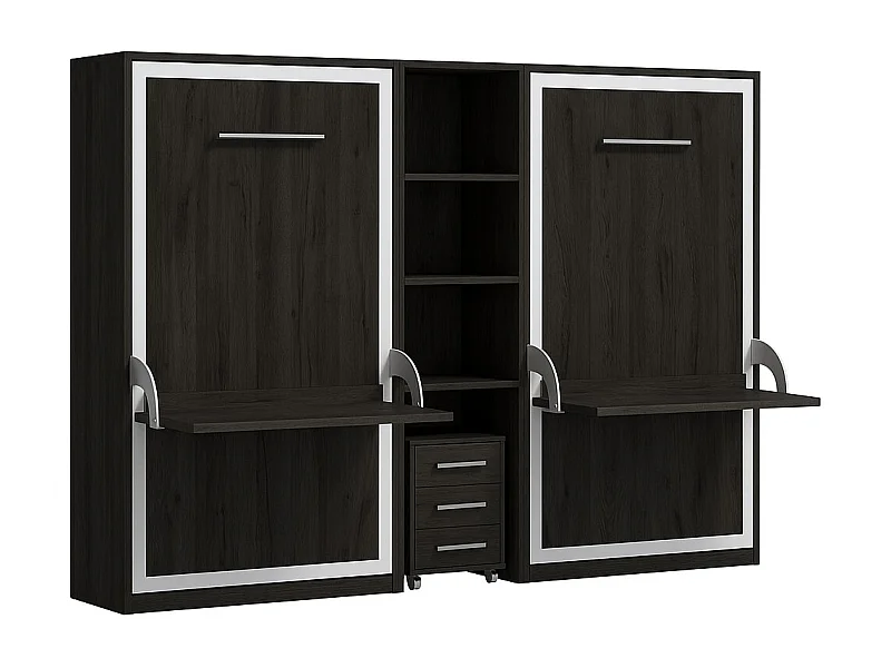 2 lits escamotables 140x190 avec bureau et étagère centrale Studante-Façade Carbone