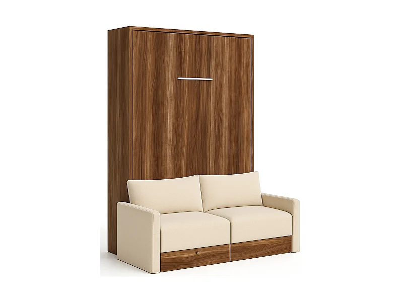 Lit escamotable vertical à tiroirs et canapé tissu VALENCIA-140x190-Canapé Beige-Structure Noyer