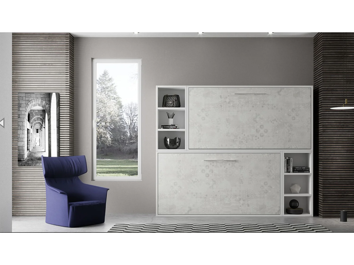 Lit escamotable superposé horizontal avec étagères BINKA-2 matelas-80x200-Cadre Anthracite-Façade Chêne clair