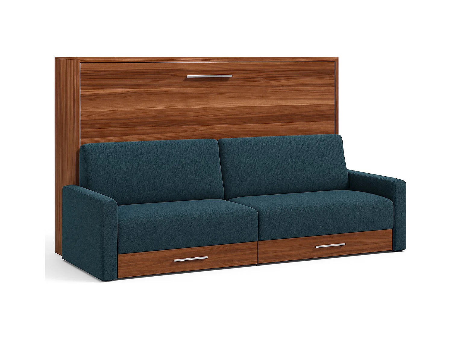 Lit escamotable horizontal avec canapé VETAL-150x190-Canapé Bleu canard-Structure Noyer