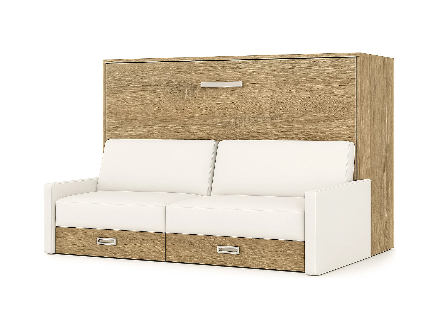 Lit escamotable horizontal avec canapé VETAL-120x190-Canapé Blanc-Structure Chêne clair