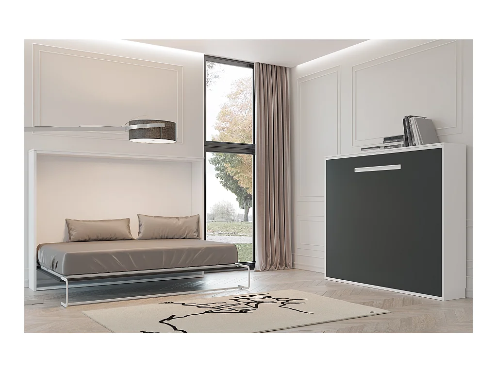 Lit escamotable horizontal OPTIMA-Avec matelas-160x200-Cadre Chêne clair-Façade Blanche